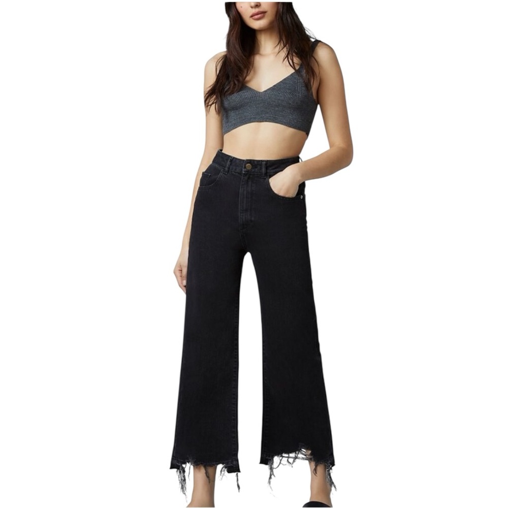 DL1961 Women's Black High-Rise Wide Leg Frayed Hem Jeans